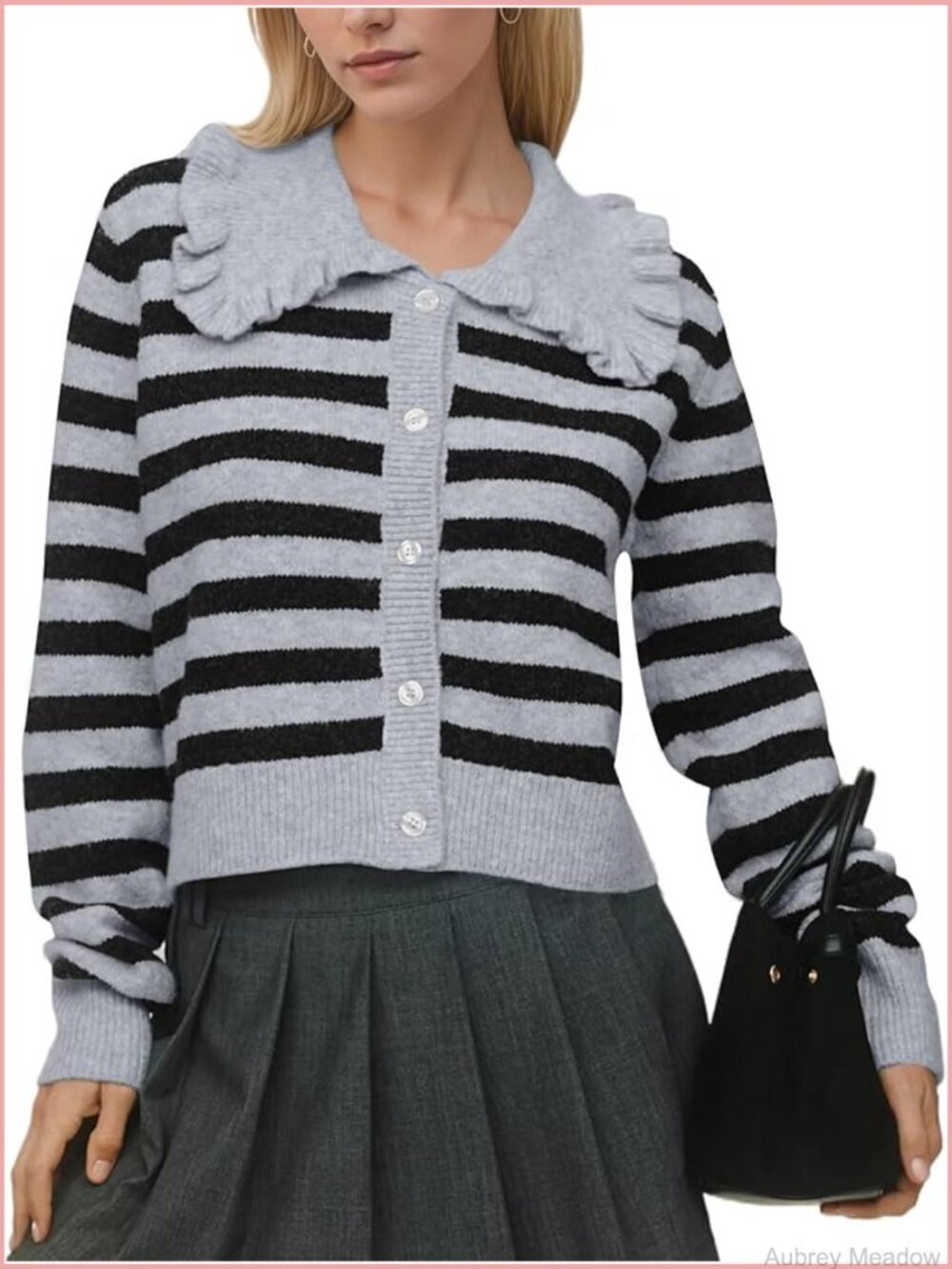 Ruffle Collar Cropped Cardigan Button Down Open Front Long Sleeve Knit Sweater